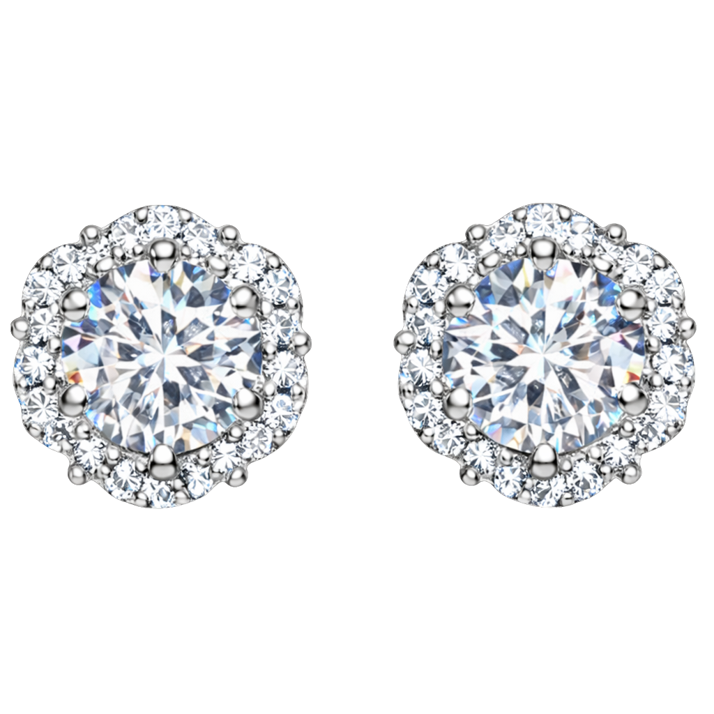 Evie moissanite halo stud earrings in S925 sterling silver with rhodium plated finish, featuring 1 carat D color moissanite with lab grown diamond brilliance.
