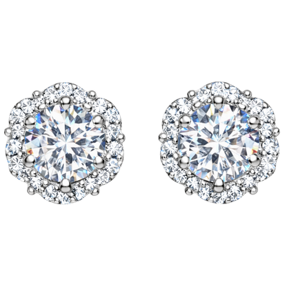 Evie moissanite halo stud earrings in S925 sterling silver with rhodium plated finish, featuring 1 carat D color moissanite with lab grown diamond brilliance.