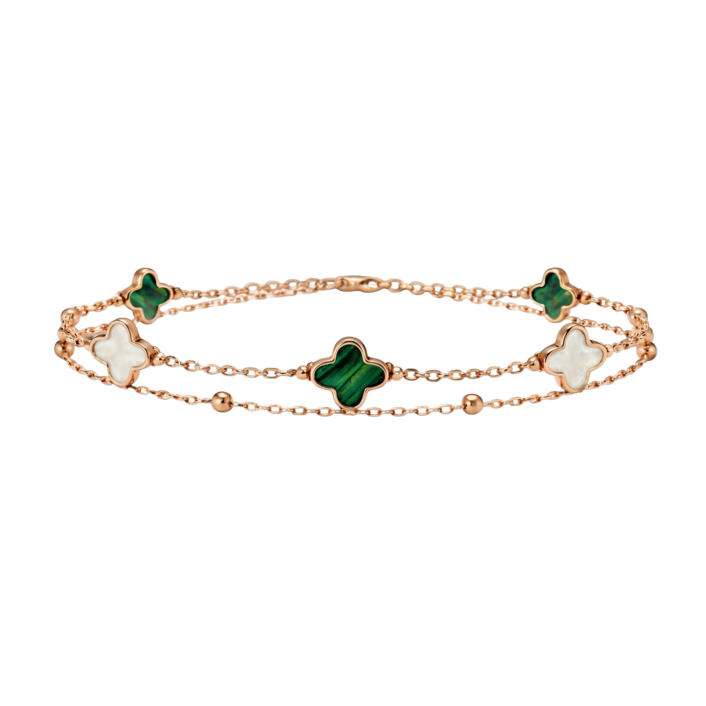 Front view of Elena S925 sterling silver rose gold plated double chain bracelet with green and white clover charms.