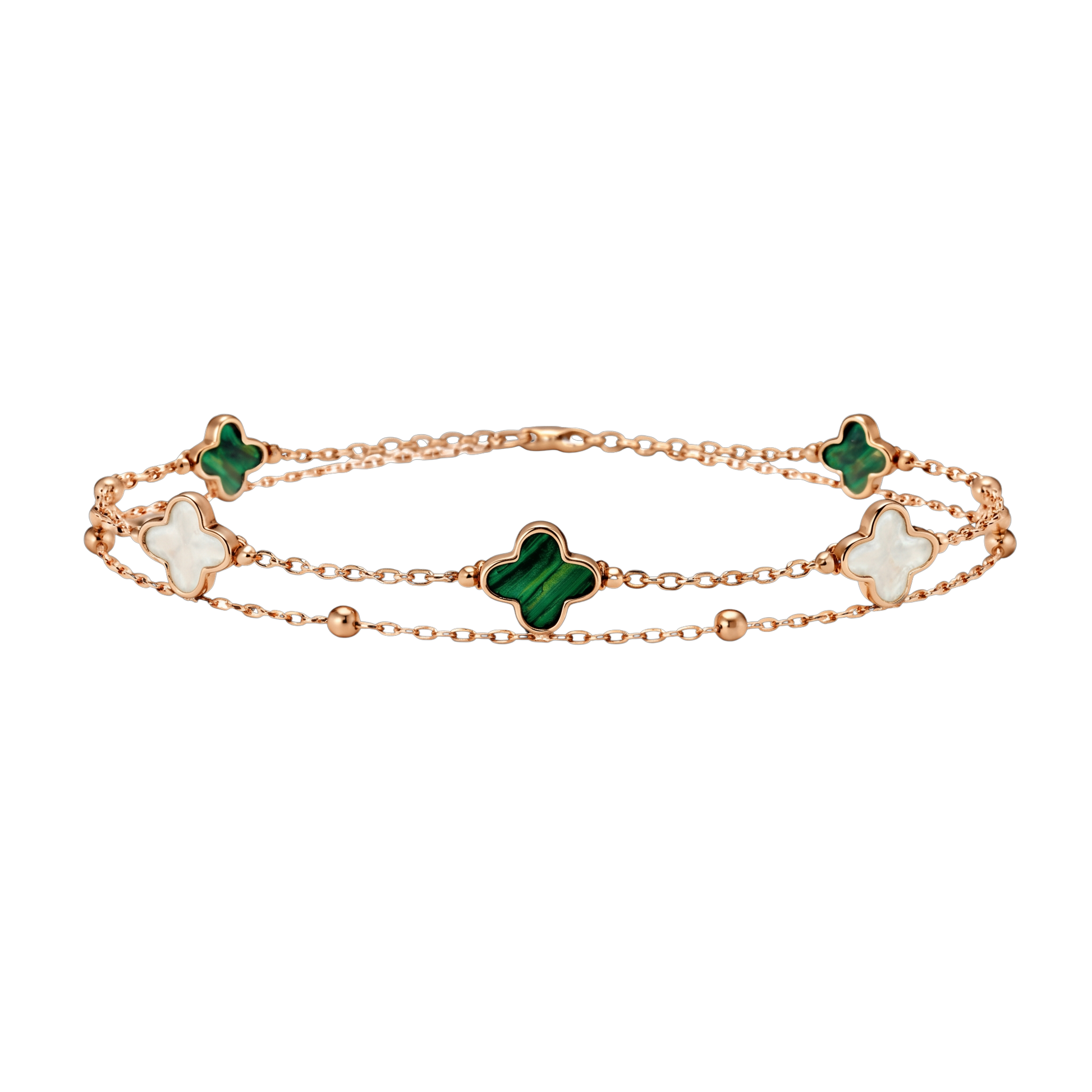 Front view of Elena S925 sterling silver rose gold plated double chain bracelet with green and white clover charms.