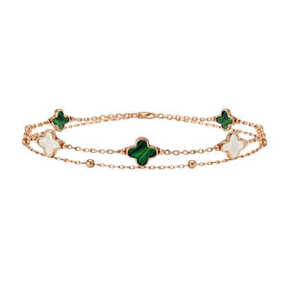 Front view of Elena S925 sterling silver rose gold plated double chain bracelet with green and white clover charms.