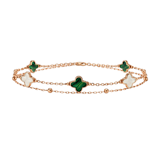 Front view of Elena S925 sterling silver rose gold plated double chain bracelet with green and white clover charms.