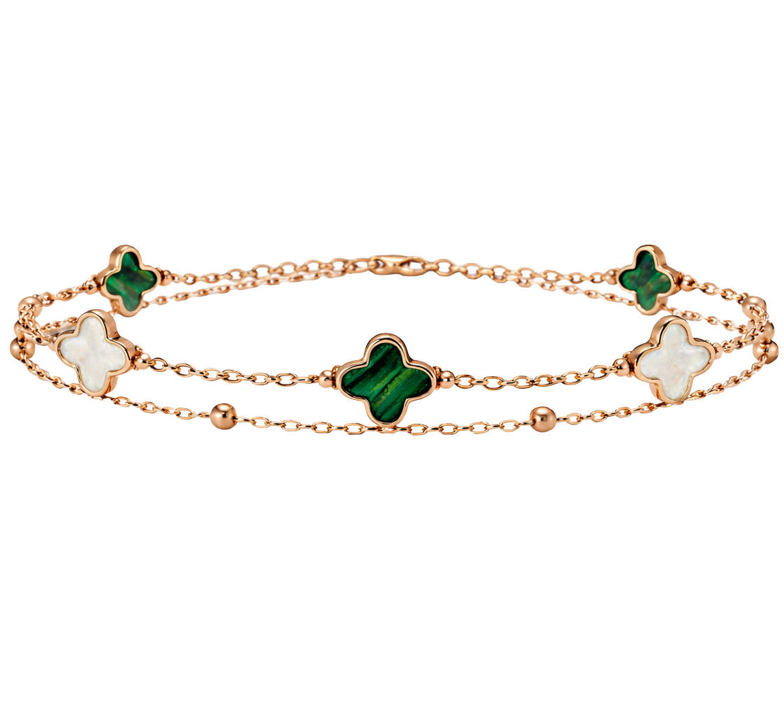 Front view of Elena S925 sterling silver rose gold plated double chain bracelet with green and white clover charms.