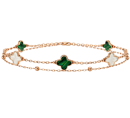 Front view of Elena S925 sterling silver rose gold plated double chain bracelet with green and white clover charms.