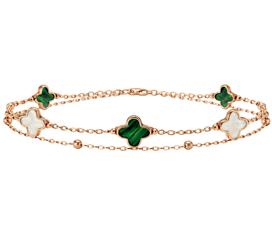 Front view of Elena S925 sterling silver rose gold plated double chain bracelet with green and white clover charms.