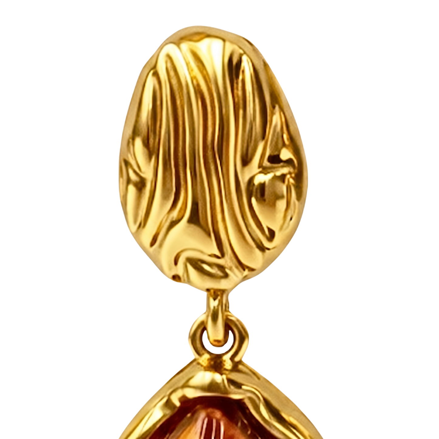 Detailed product image of textured gold earrings made from durable stainless steel jewelry, highlighting a rich amber-tone vintage stone for a bold vintage earrings aesthetic.
