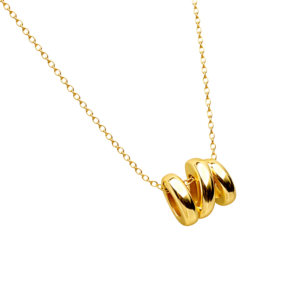 Emily minimalist gold plated sterling silver necklace featuring a sleek spiral pendant. Elegant contemporary silver jewelry.