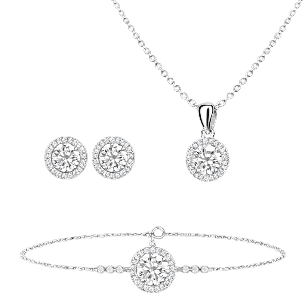 Sterling silver moissanite jewelry set including halo necklace, bracelet, and stud earrings. Features D color VVS1 moissanite stones with brilliant sparkle in a matching luxury set.