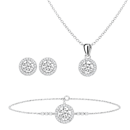 Sterling silver moissanite jewelry set including halo necklace, bracelet, and stud earrings. Features D color VVS1 moissanite stones with brilliant sparkle in a matching luxury set.