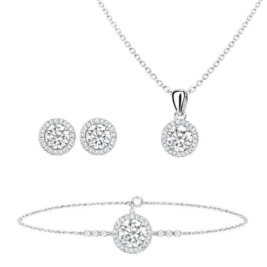 Sterling silver moissanite jewelry set including halo necklace, bracelet, and stud earrings. Features D color VVS1 moissanite stones with brilliant sparkle in a matching luxury set.