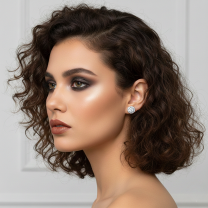 GRA certified moissanite halo stud earrings crafted in rhodium plated sterling silver, hypoallergenic modern fine jewelry.