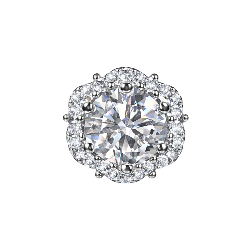 Close-up of Evie silver earrings showing halo setting, VVS1 moissanite stone and precision cut sparkle in fine jewelry design.