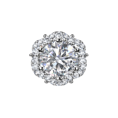 Close-up of Evie silver earrings showing halo setting, VVS1 moissanite stone and precision cut sparkle in fine jewelry design.