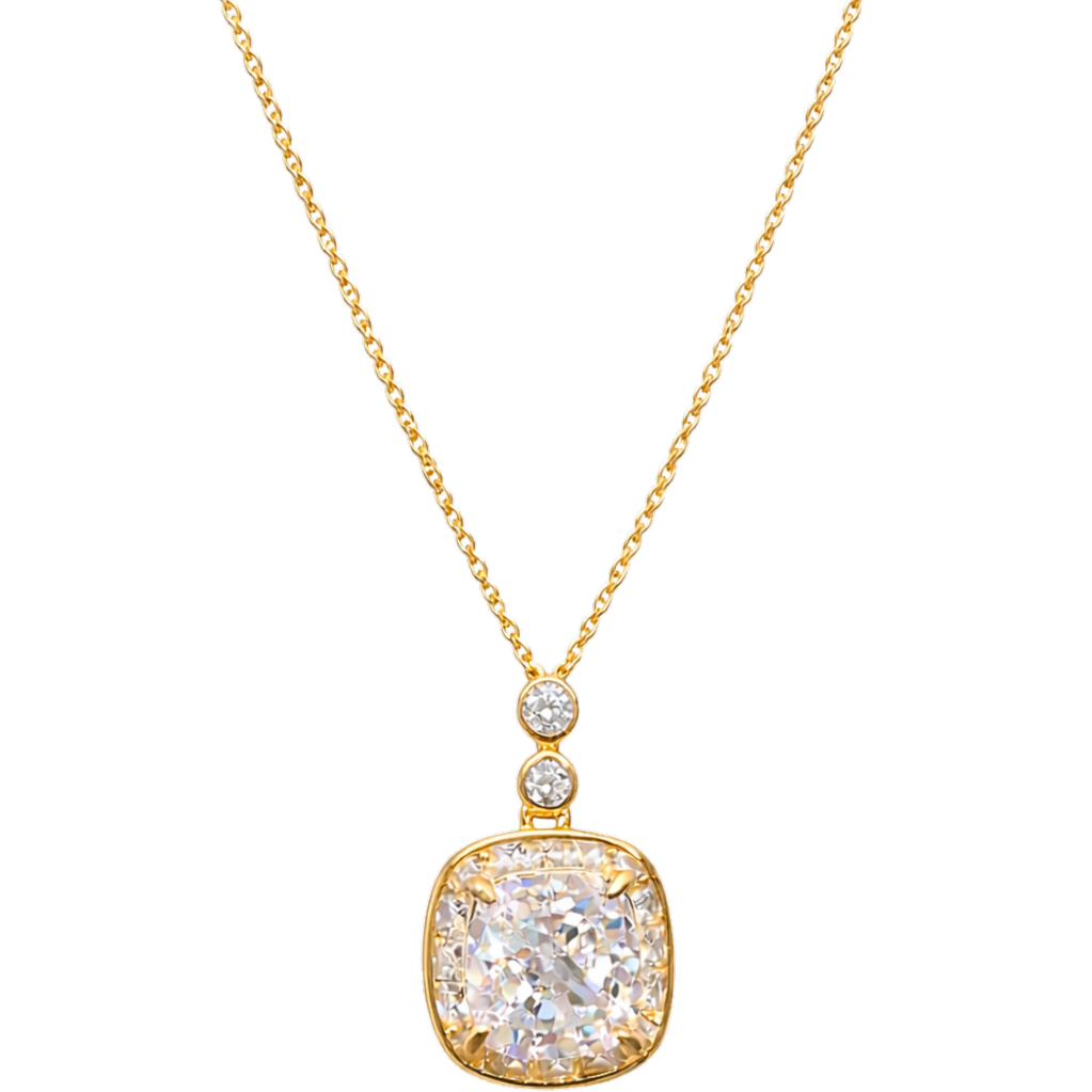 Close-up of Marissa gold zircon pendant necklace, S925 sterling silver base with rich 18k gold plating and radiant sparkle.