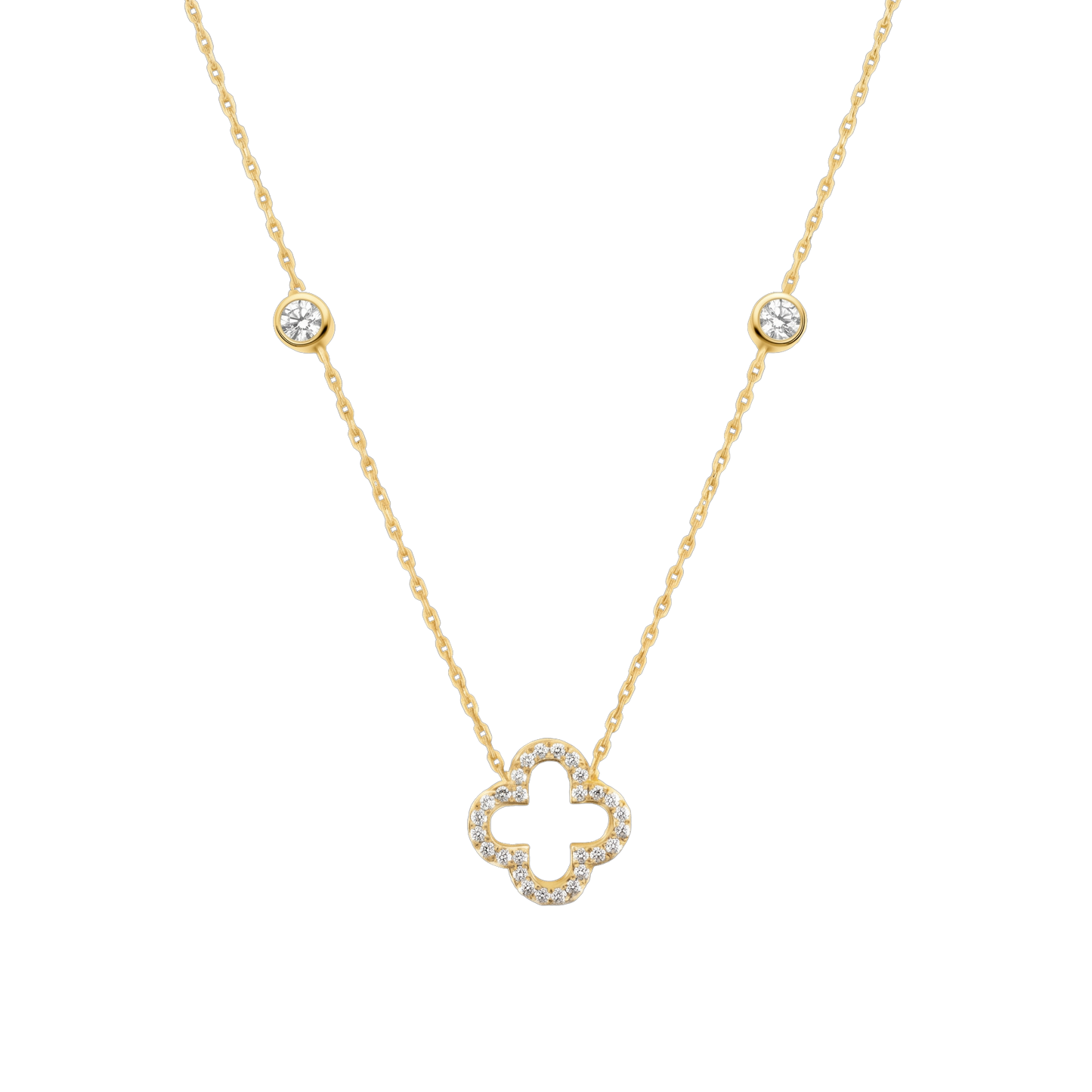 Close-up of the clover pendant crafted from sterling silver, 14K gold plated, and set with sparkling zircon stones. A fine jewelry necklace designed for elegant everyday wear.