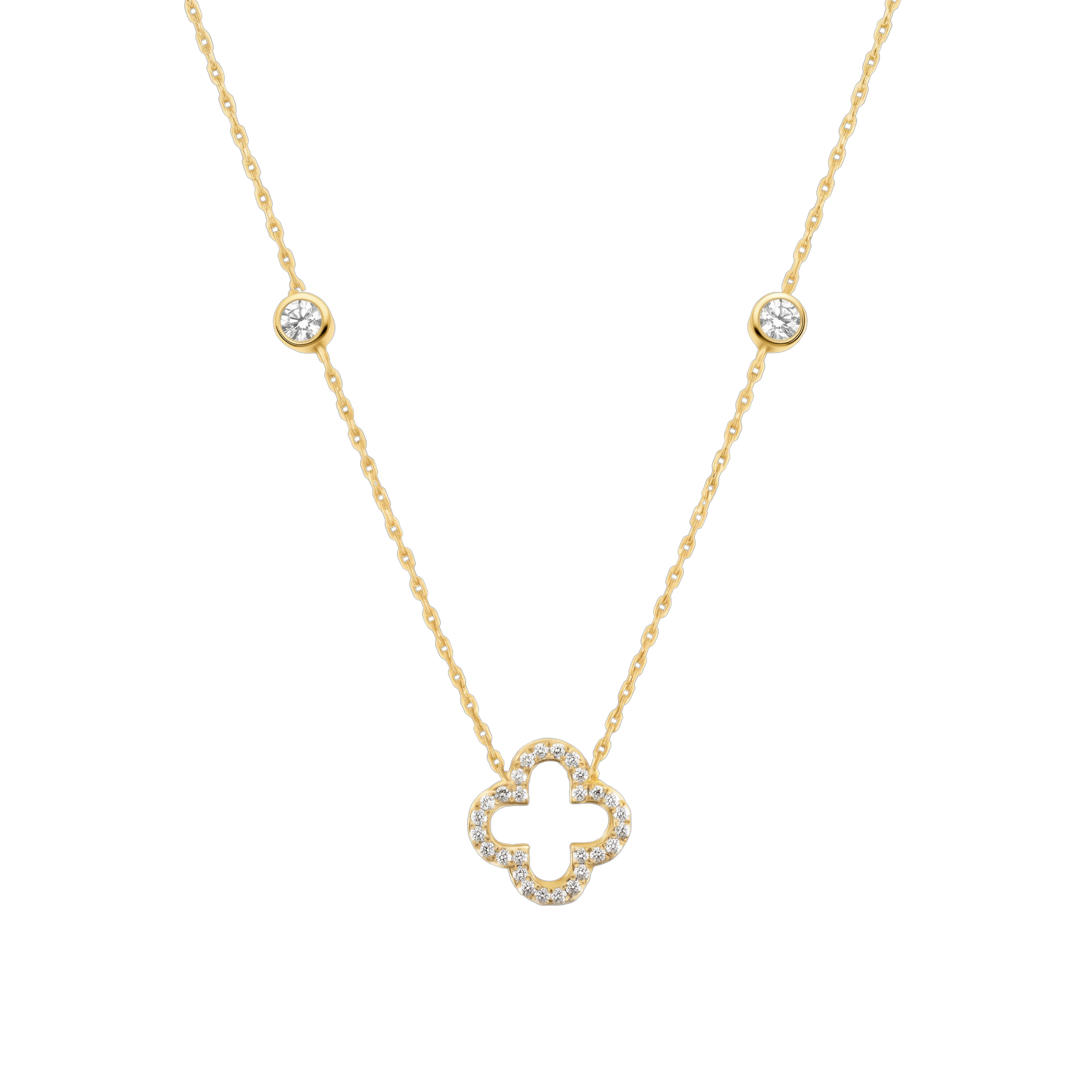 Close-up of the clover pendant crafted from sterling silver, 14K gold plated, and set with sparkling zircon stones. A fine jewelry necklace designed for elegant everyday wear.