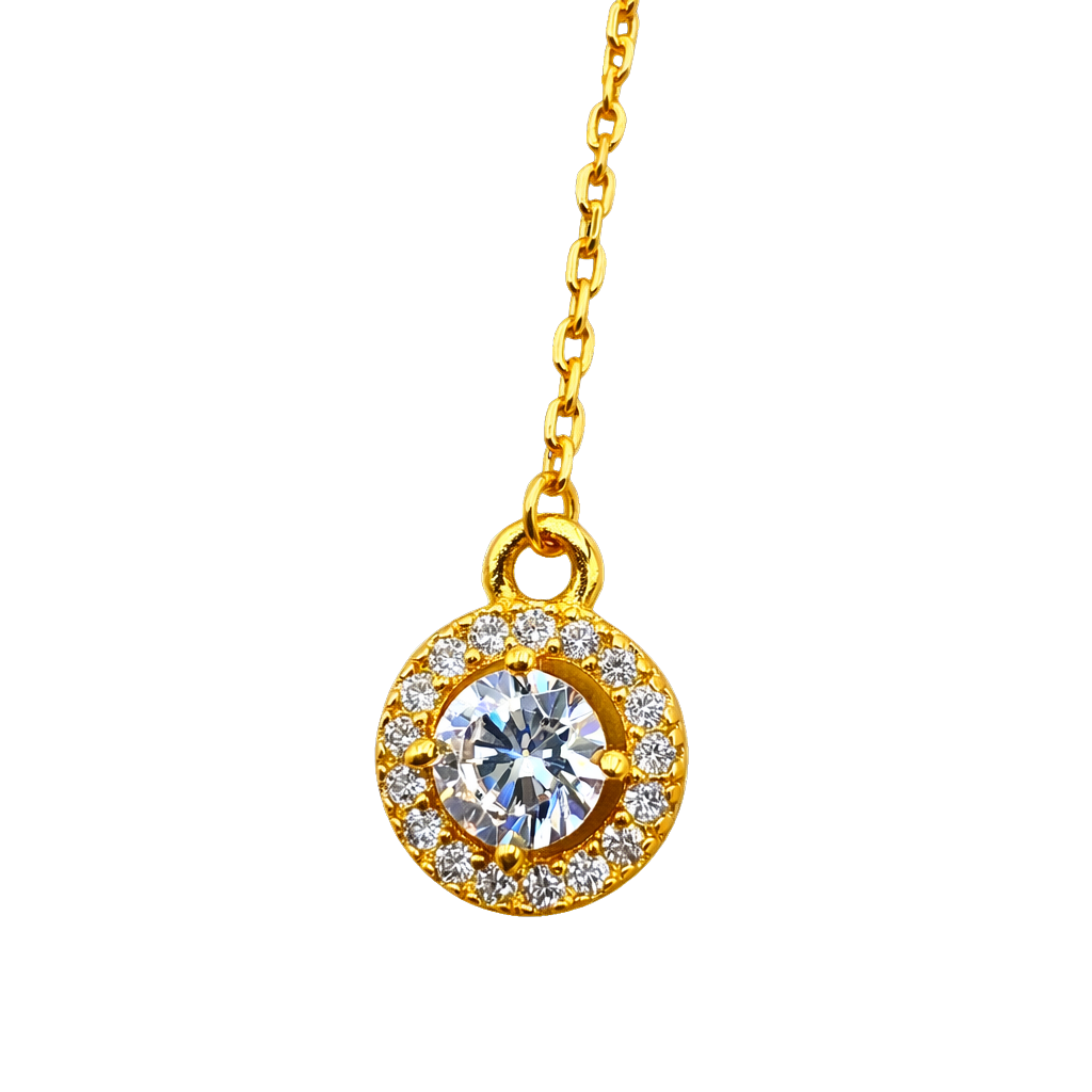 Jessica lariat style necklace in sterling silver with 18k gold plated finish and geometric circle pendant, minimalist luxury jewelry.