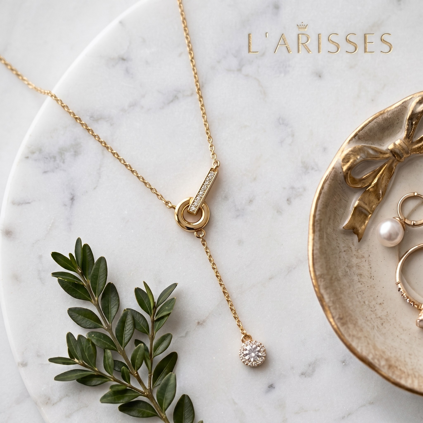Elegant Jessica sterling silver lariat necklace with 18k gold plating, shimmering zircon accents, and modern circle drop design for timeless luxury jewelry.
