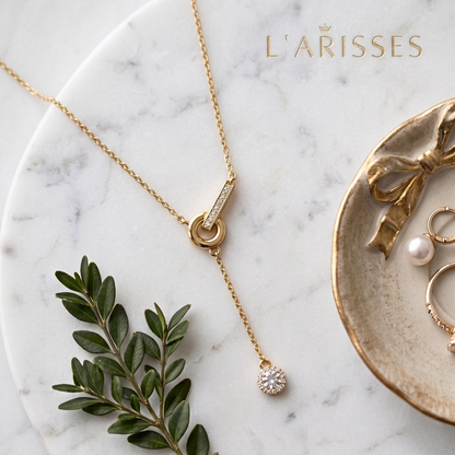 Elegant Jessica sterling silver lariat necklace with 18k gold plating, shimmering zircon accents, and modern circle drop design for timeless luxury jewelry.