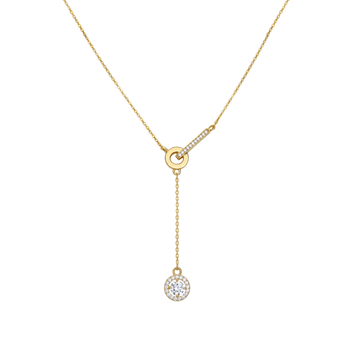 Front view of Jessica sterling silver necklace with 18k gold plating, zircon bar detail and circle drop pendant, elegant modern jewelry design