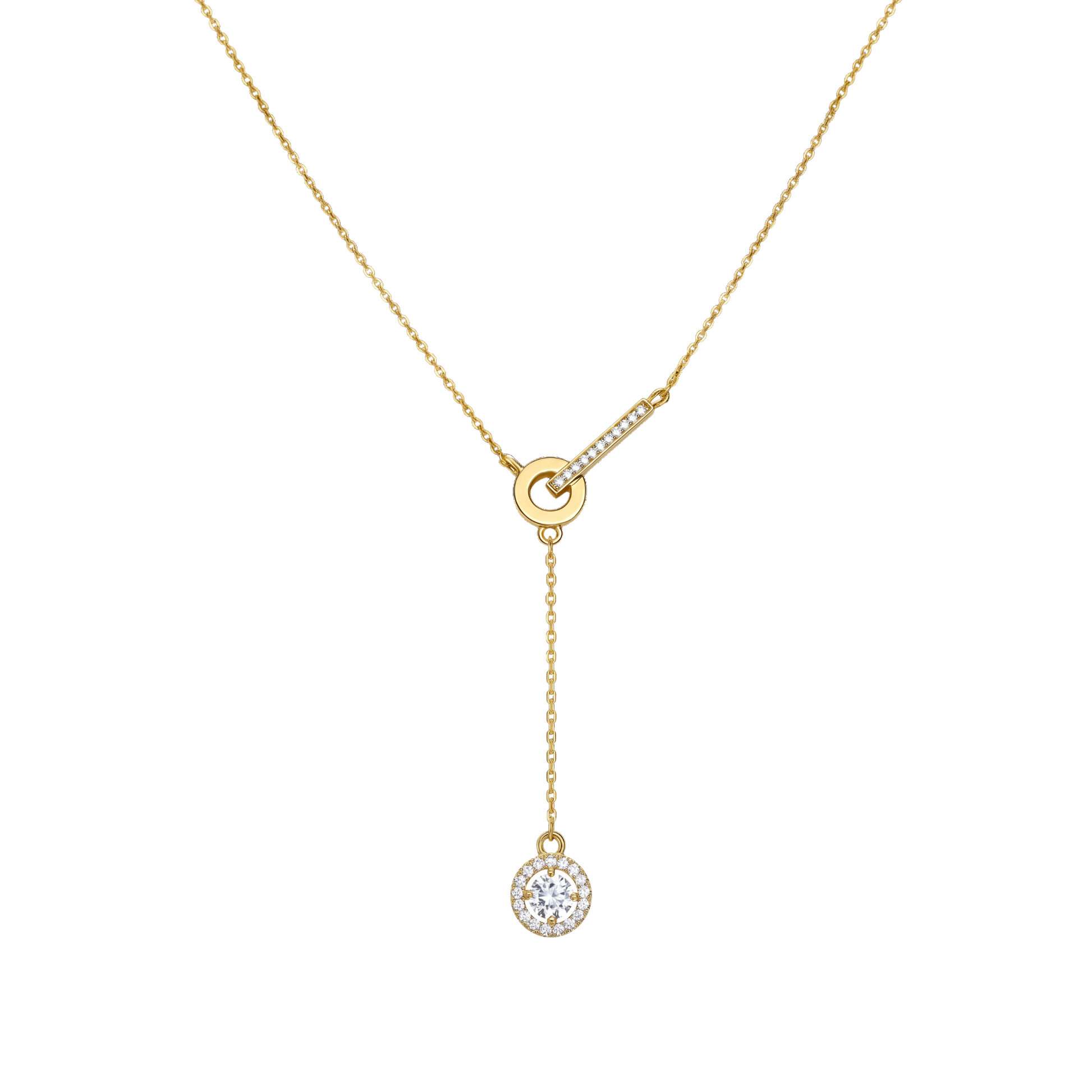 Front view of Jessica sterling silver necklace with 18k gold plating, zircon bar detail and circle drop pendant, elegant modern jewelry design