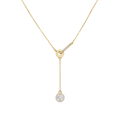 Front view of Jessica sterling silver necklace with 18k gold plating, zircon bar detail and circle drop pendant, elegant modern jewelry design