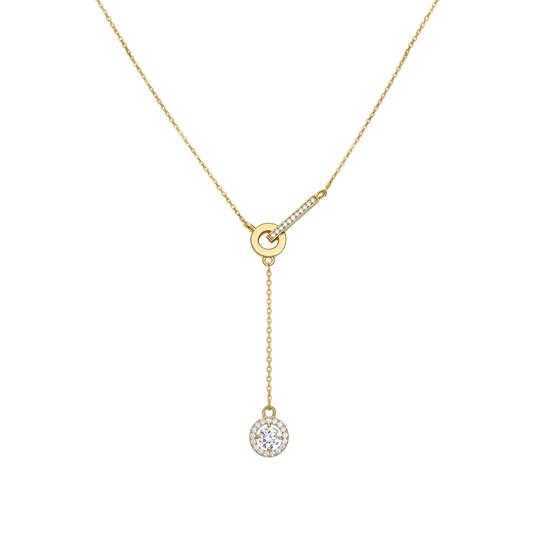 Front view of Jessica sterling silver necklace with 18k gold plating, zircon bar detail and circle drop pendant, elegant modern jewelry design