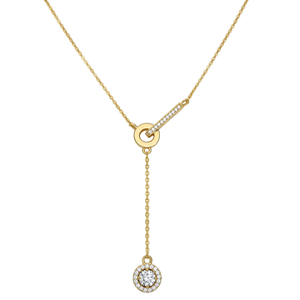 Front view of Jessica sterling silver necklace with 18k gold plating, zircon bar detail and circle drop pendant, elegant modern jewelry design