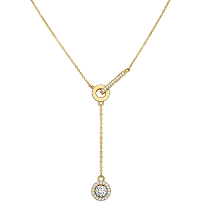 Front view of Jessica sterling silver necklace with 18k gold plating, zircon bar detail and circle drop pendant, elegant modern jewelry design