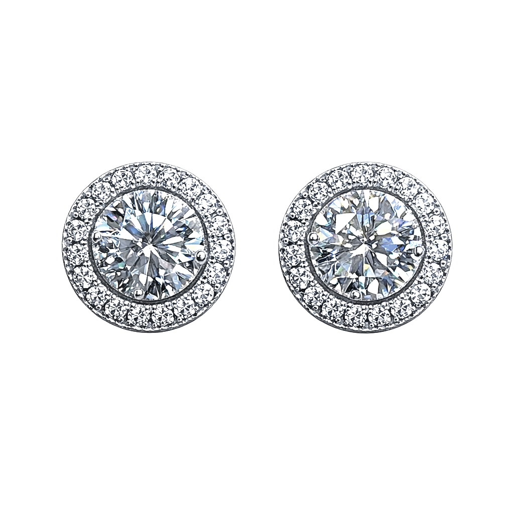 Liah 0.5 CT round brilliant moissanite halo stud earrings in sterling silver S925, rhodium plated, VVS D color, GRA certified.