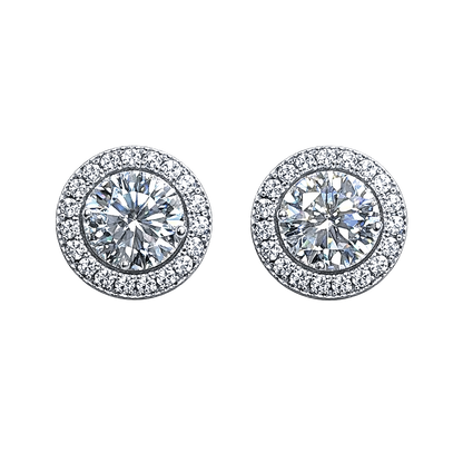 Liah 0.5 CT round brilliant moissanite halo stud earrings in sterling silver S925, rhodium plated, VVS D color, GRA certified.