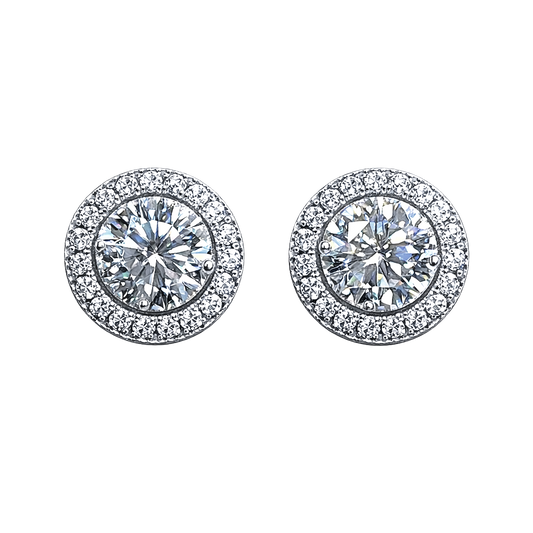Liah 0.5 CT round brilliant moissanite halo stud earrings in sterling silver S925, rhodium plated, VVS D color, GRA certified.