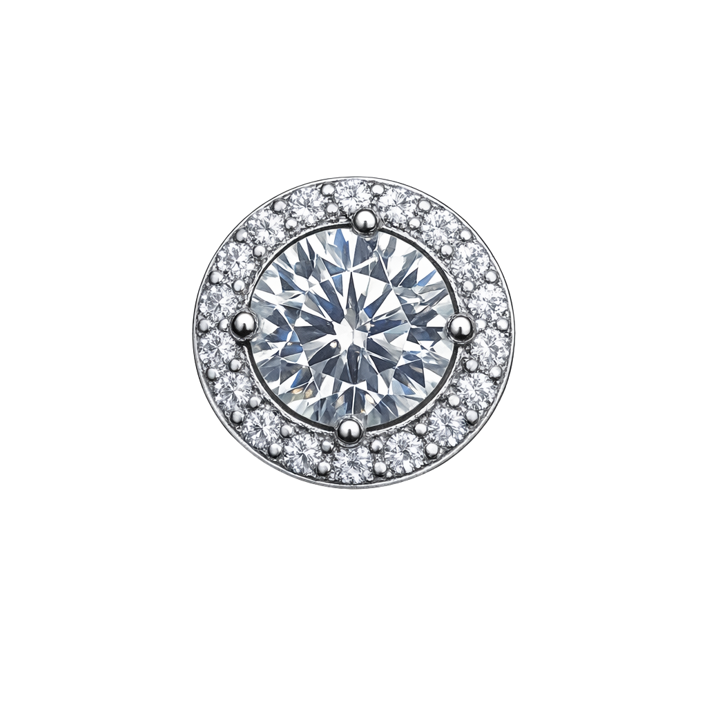 Liah moissanite silver earrings with halo design, VVS clarity and D color stone, crafted in rhodium plated sterling silver.