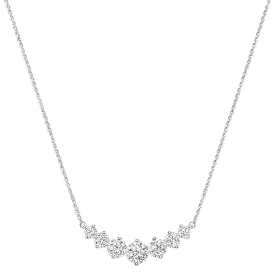 Front view of Liah moissanite sterling silver necklace in rhodium plated finish, featuring 1.7ct VVS1 D color stones in fine silver jewelry design.