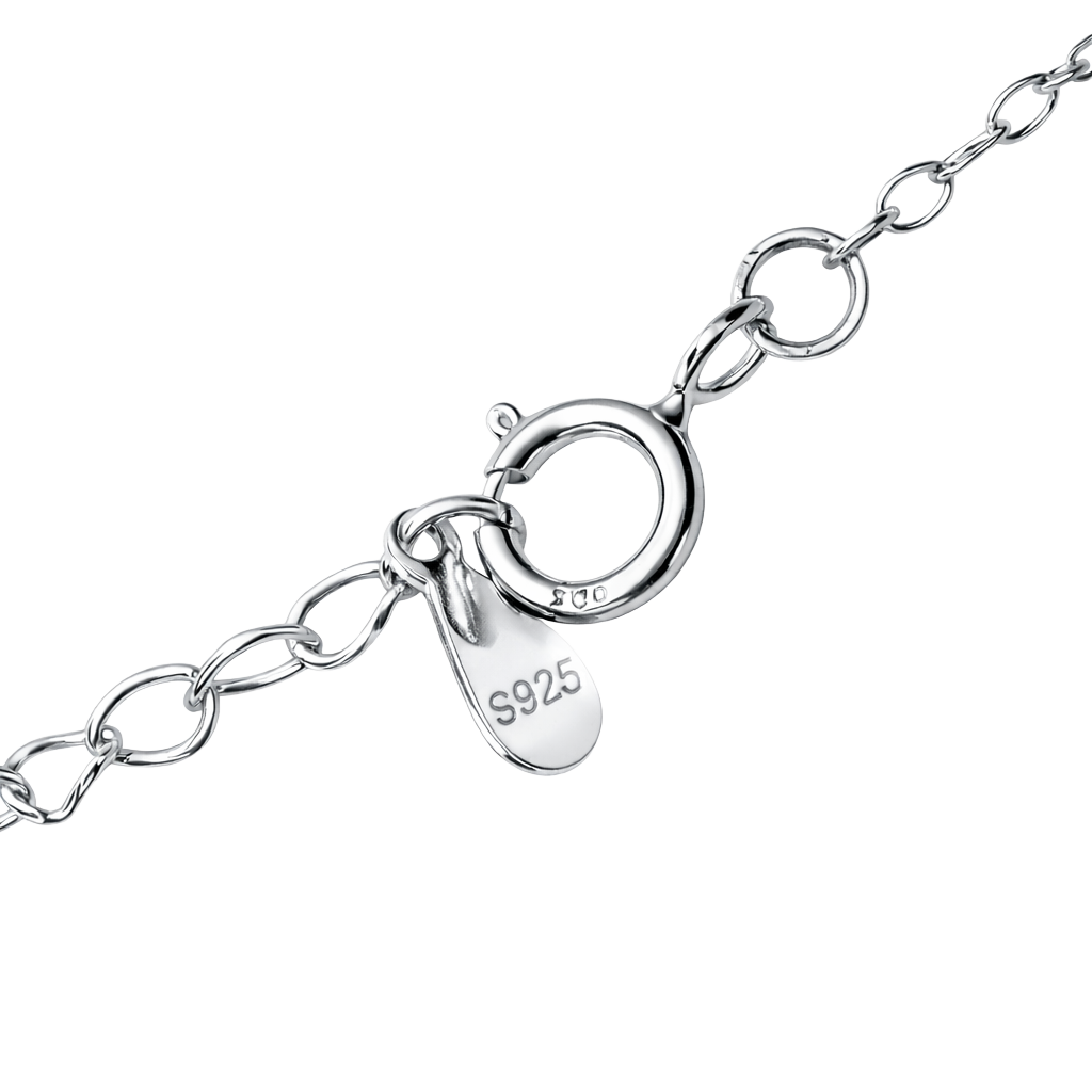 Side angle of sterling silver heart necklace highlighting fine jewelry craftsmanship, rhodium plated shine, and moissanite setting.