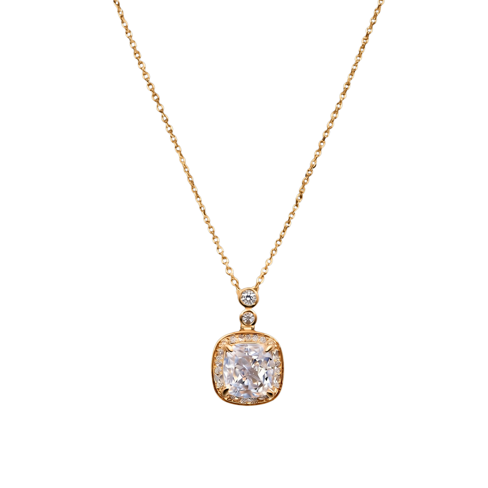 Close-up of Marissa gold zircon pendant necklace, S925 sterling silver base with rich 18k gold plating and radiant sparkle.