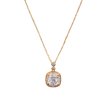 Close-up of Marissa gold zircon pendant necklace, S925 sterling silver base with rich 18k gold plating and radiant sparkle.