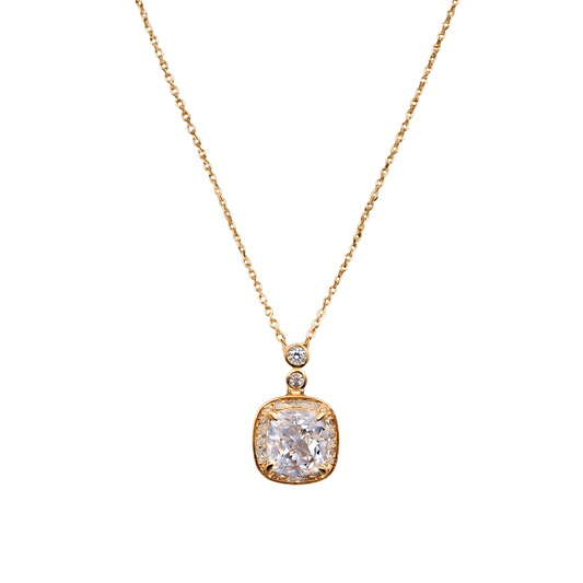 Close-up of Marissa gold zircon pendant necklace, S925 sterling silver base with rich 18k gold plating and radiant sparkle.