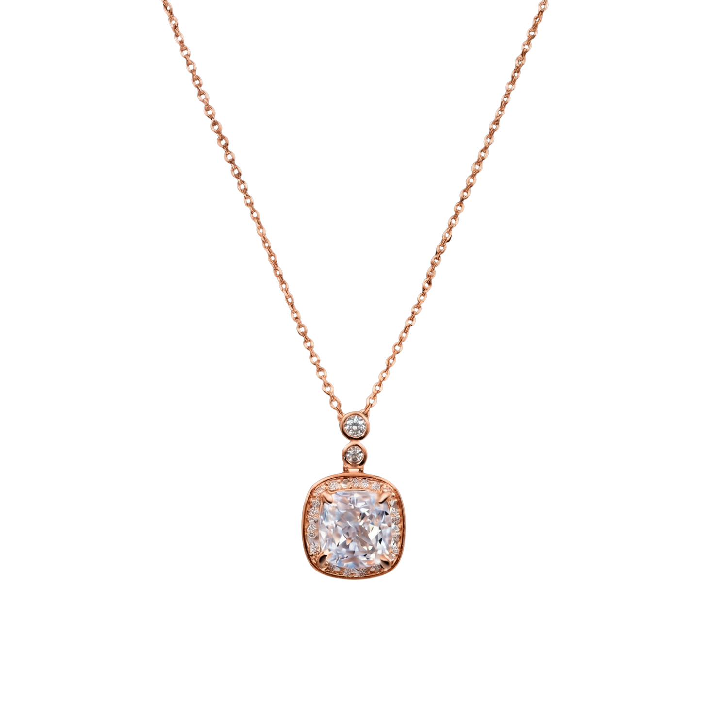 Close-up of Marissa rose gold zircon pendant, S925 sterling silver with warm rose gold finish and brilliant zircon detail.