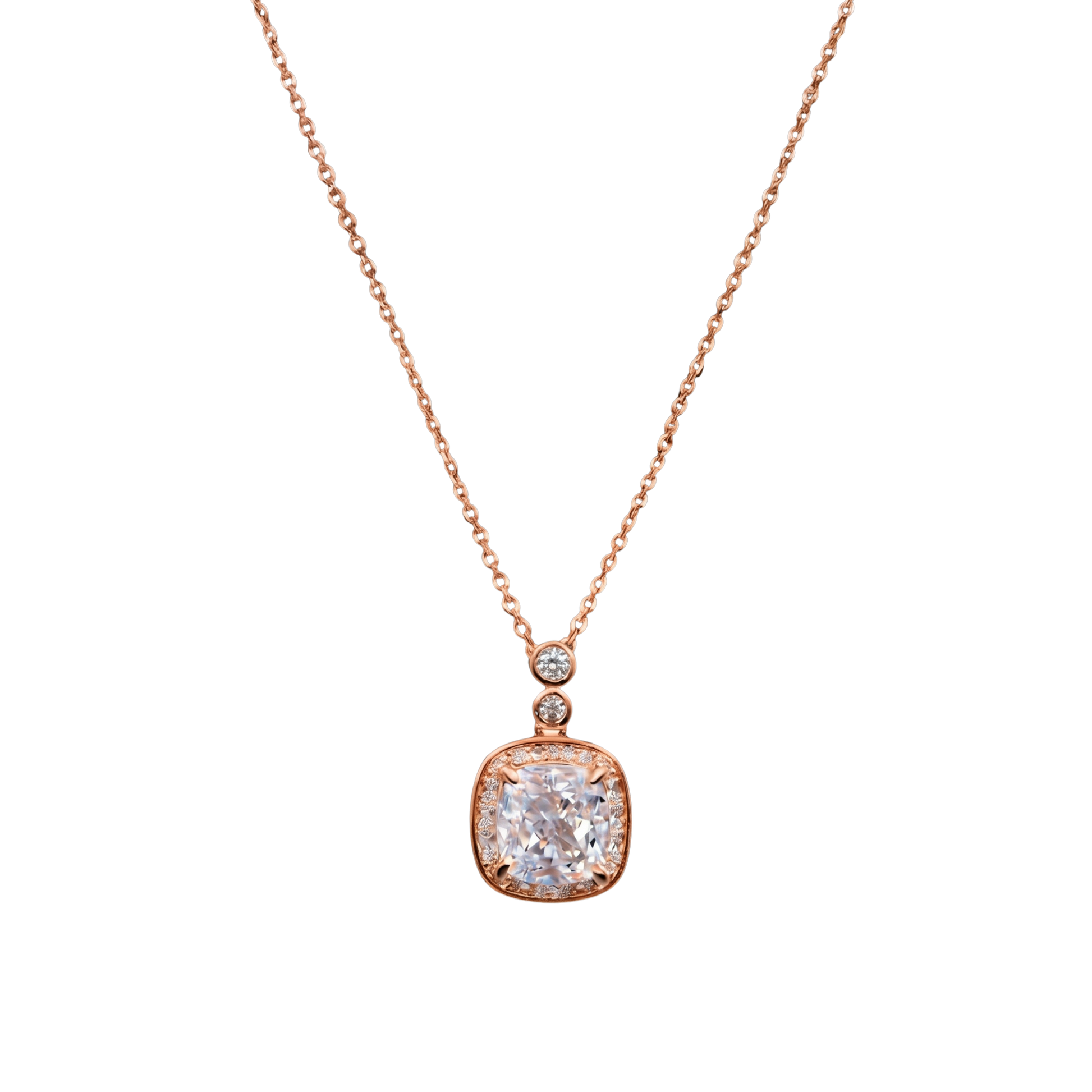Close-up of Marissa rose gold zircon pendant, S925 sterling silver with warm rose gold finish and brilliant zircon detail.