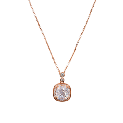Close-up of Marissa rose gold zircon pendant, S925 sterling silver with warm rose gold finish and brilliant zircon detail.