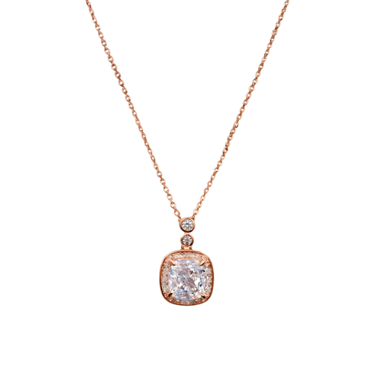 Close-up of Marissa rose gold zircon pendant, S925 sterling silver with warm rose gold finish and brilliant zircon detail.