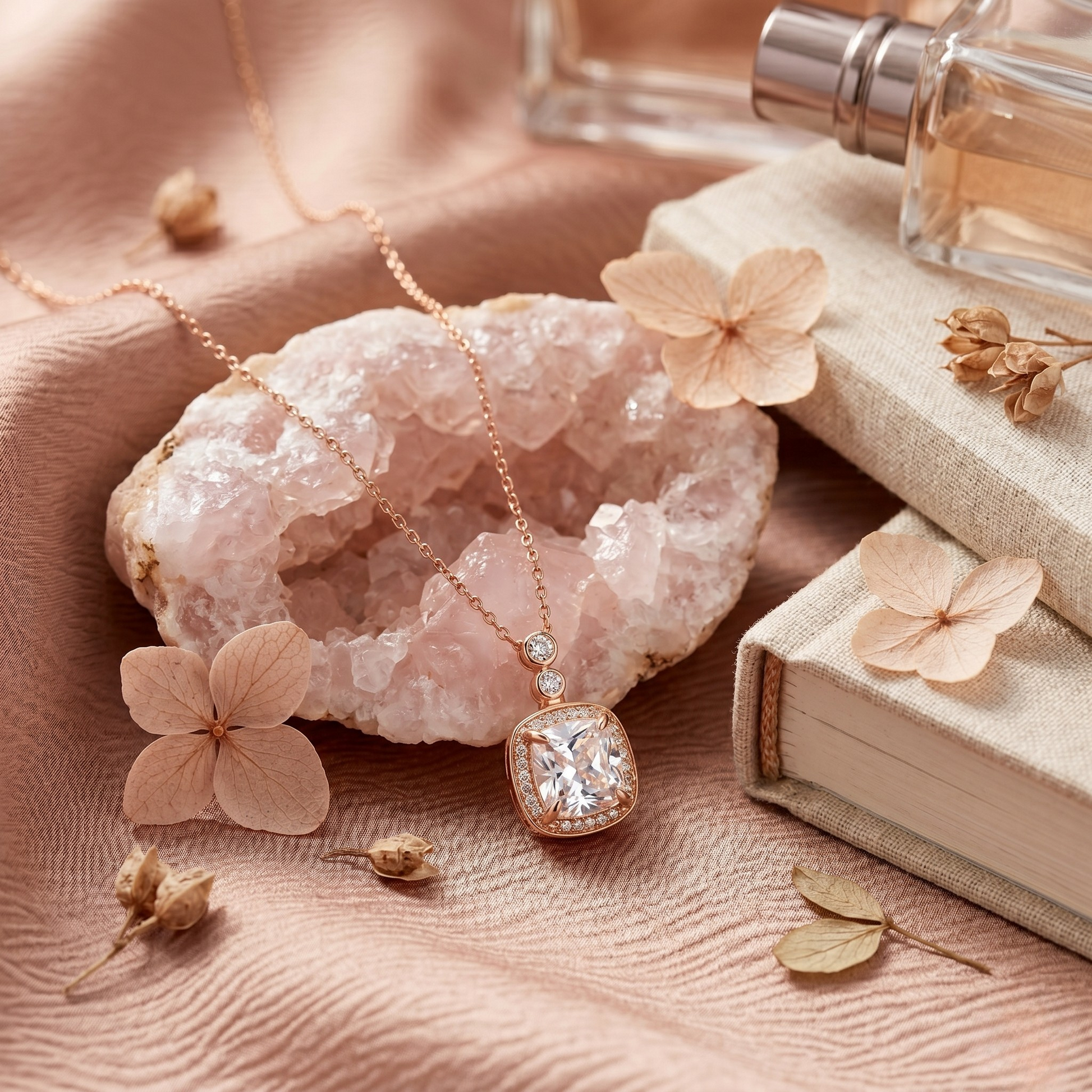 Elegant angled view of Marissa rose gold plated sterling silver square zircon necklace, showcasing warm tones, brilliant zircon, and feminine modern elegance.