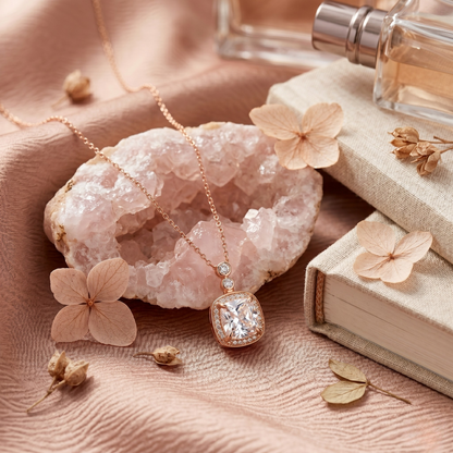 Elegant angled view of Marissa rose gold plated sterling silver square zircon necklace, showcasing warm tones, brilliant zircon, and feminine modern elegance.
