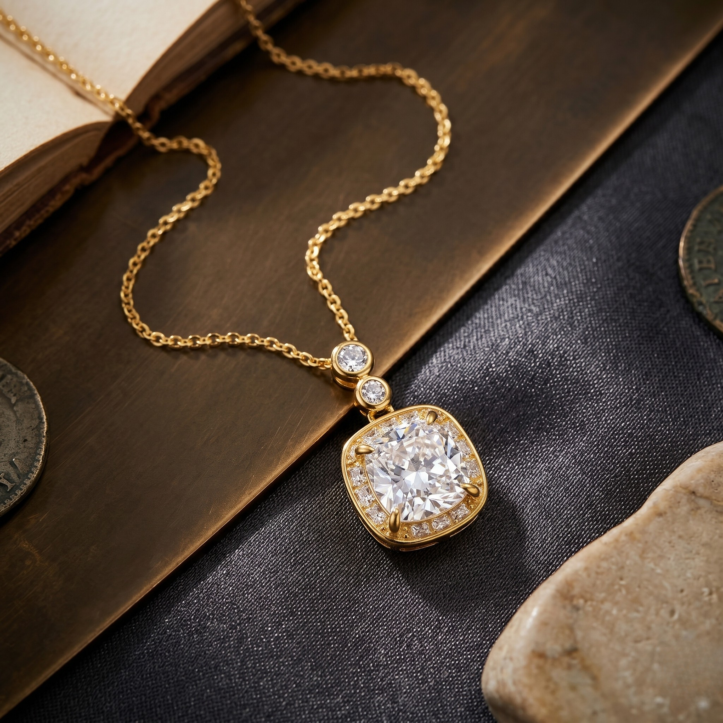 Marissa 18k gold plated sterling silver necklace with square zircon pendant, elegant fine jewelry with modern minimalist design.