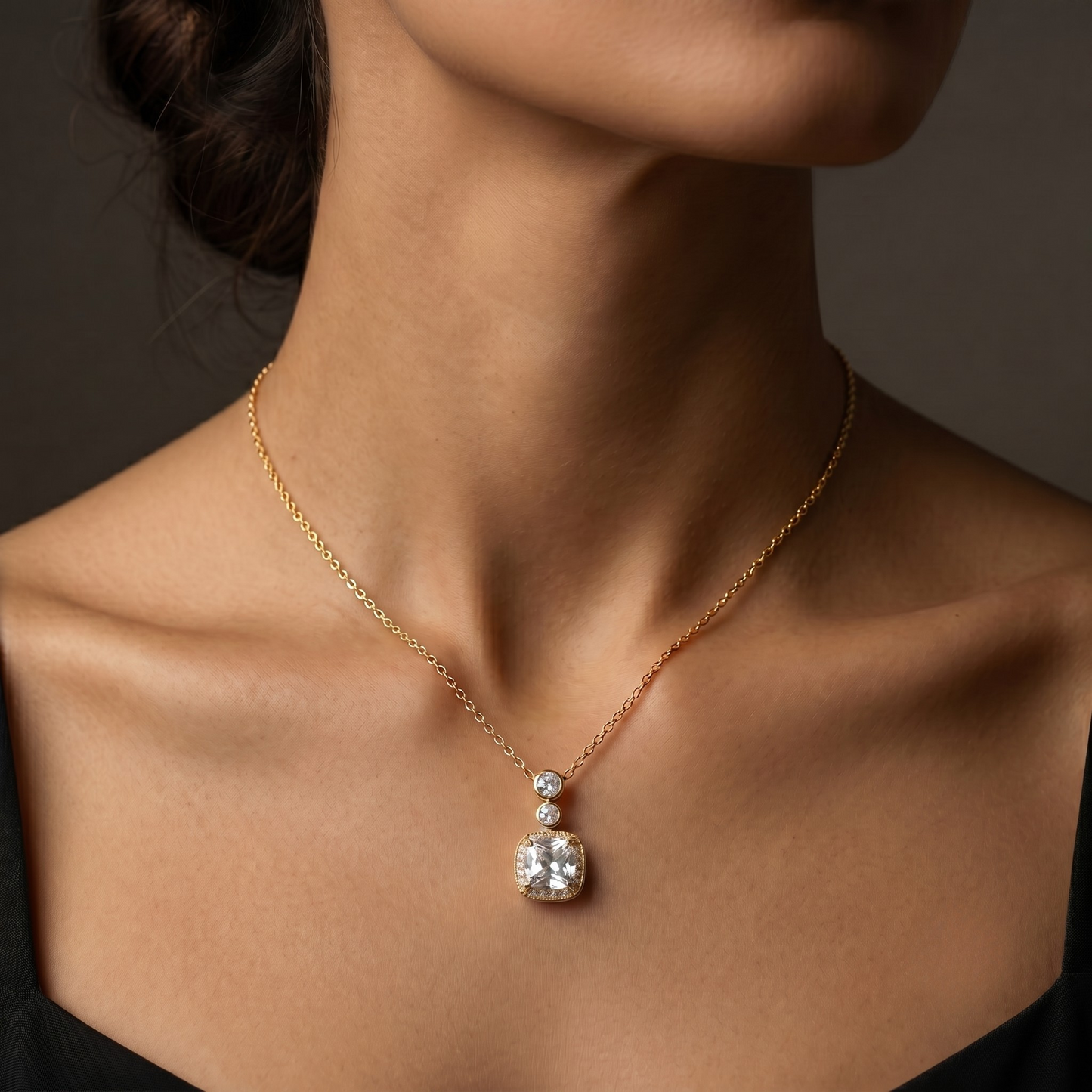 Detailed view of Marissa S925 sterling silver square gold zircon necklace, sleek frame highlighting the clarity and brilliance of the zircon stone.