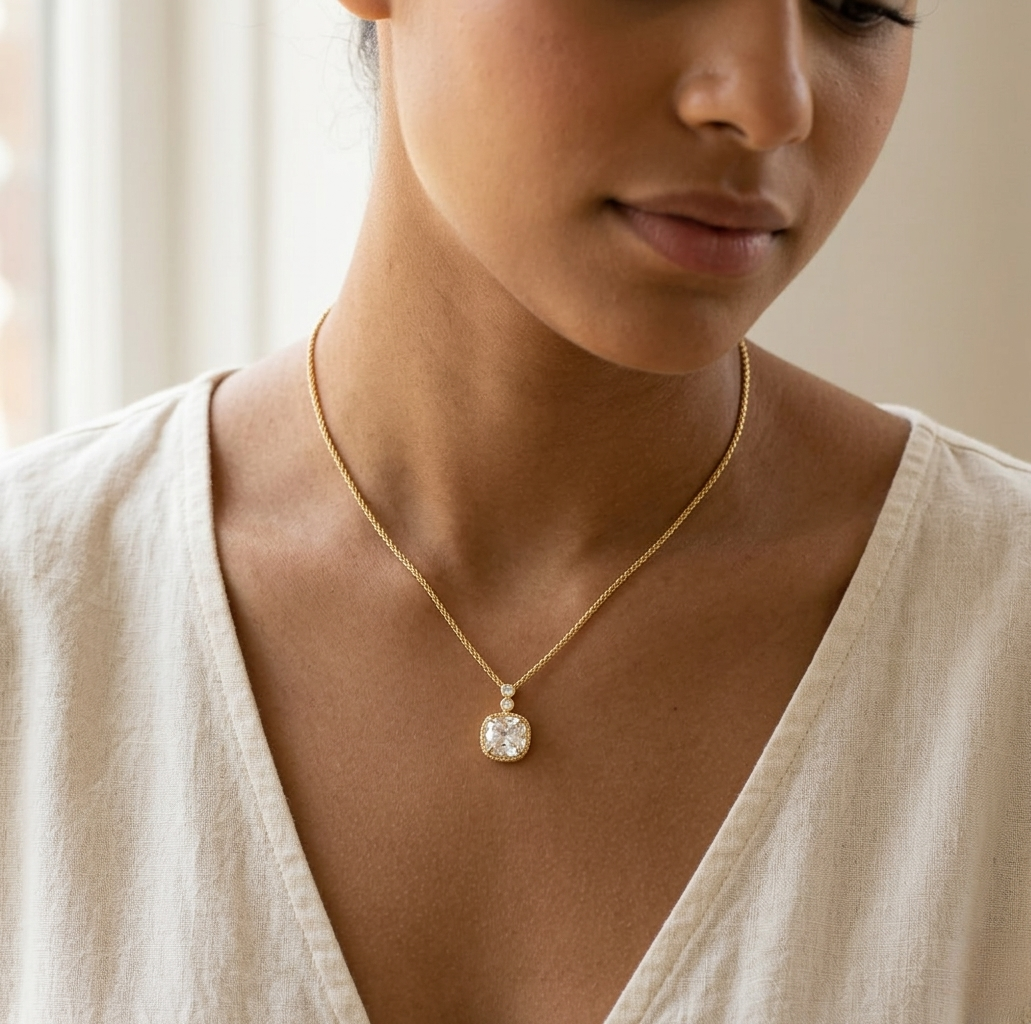 Detailed view of Marissa S925 sterling silver square gold zircon necklace, sleek frame highlighting the clarity and brilliance of the zircon stone.