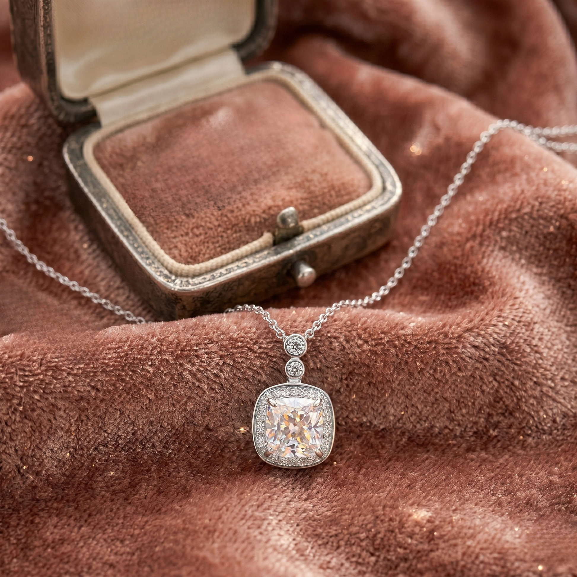 Elegant angled view of Marissa sterling silver S925 square zircon necklace, rhodium plated for lasting shine with a sleek modern jewelry design.