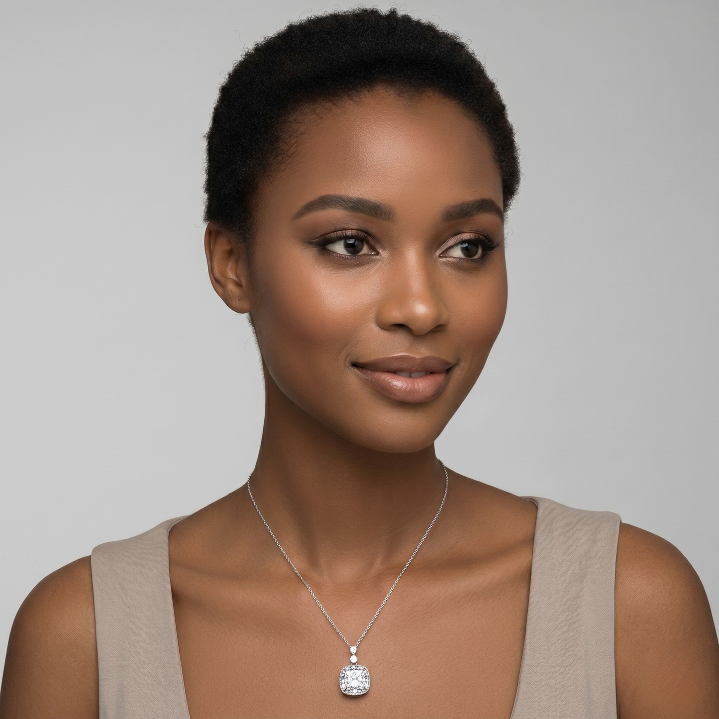 Detailed view of Marissa S925 sterling silver square silver zircon necklace, sleek frame highlighting the clarity and brilliance of the zircon stone.