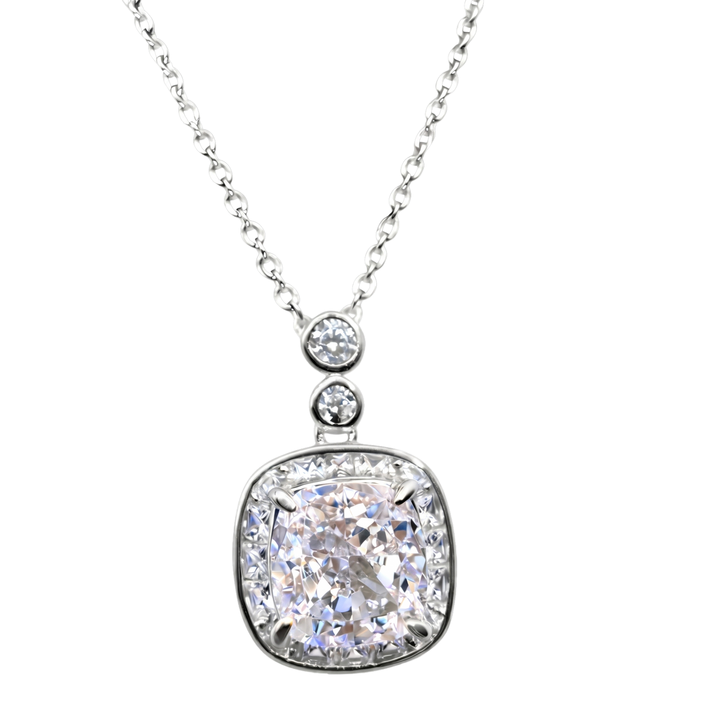Close-up of Marissa silver square zircon pendant necklace, sterling silver S925 setting with brilliant zircon sparkle and polished modern design.